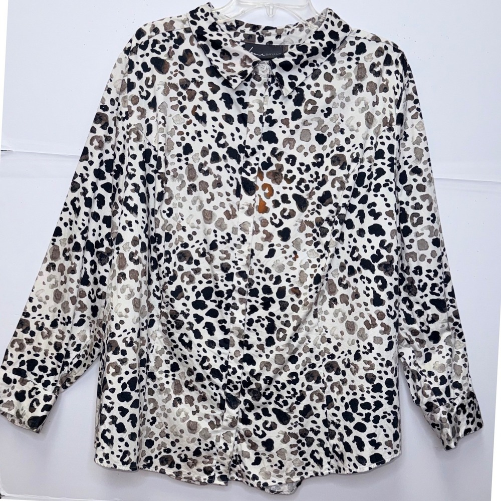 Lane Bryant Button Down Shirt Womens 26 Cream Black Leopard Print Stretch Office